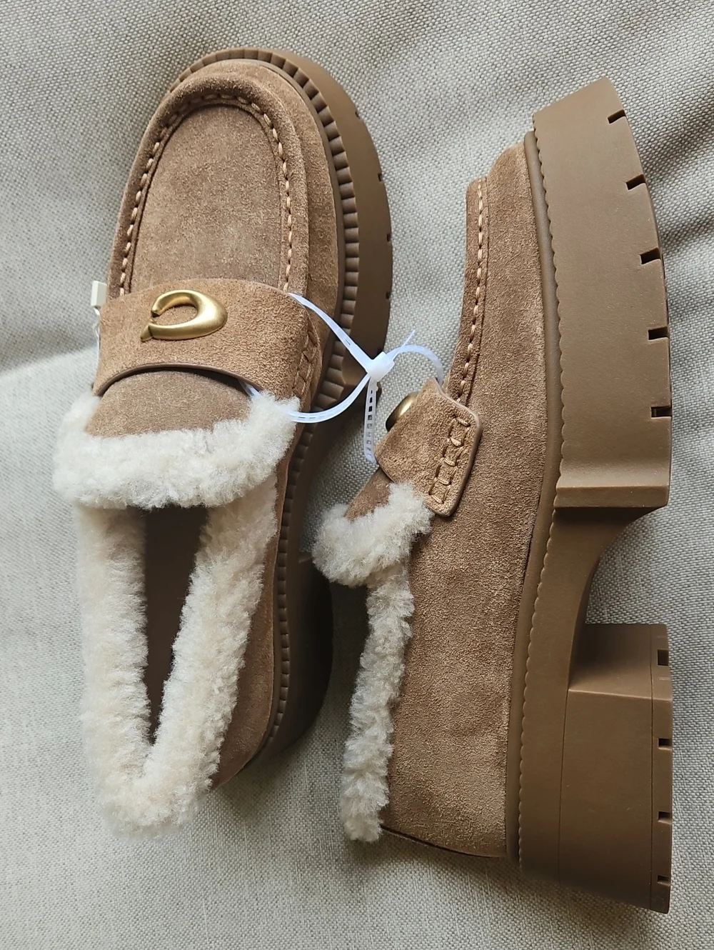 Coach Leah Platform Lug Sole Loafer Suede & Shearling Upper Coconut/Natural, 7